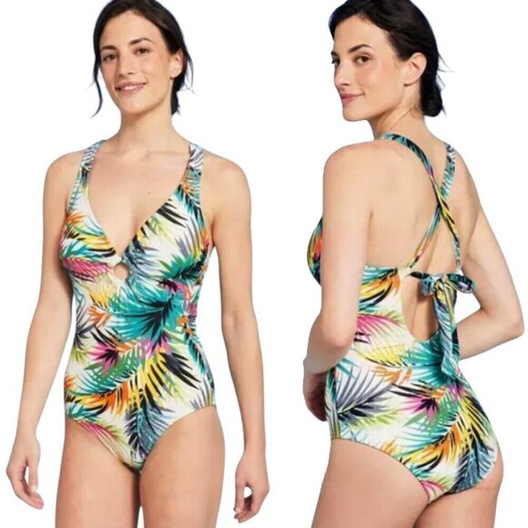 Shade & Shore Plunge Ring Detail One Piece Multi Tropical Print Swimsuit M - Picture 1 of 11